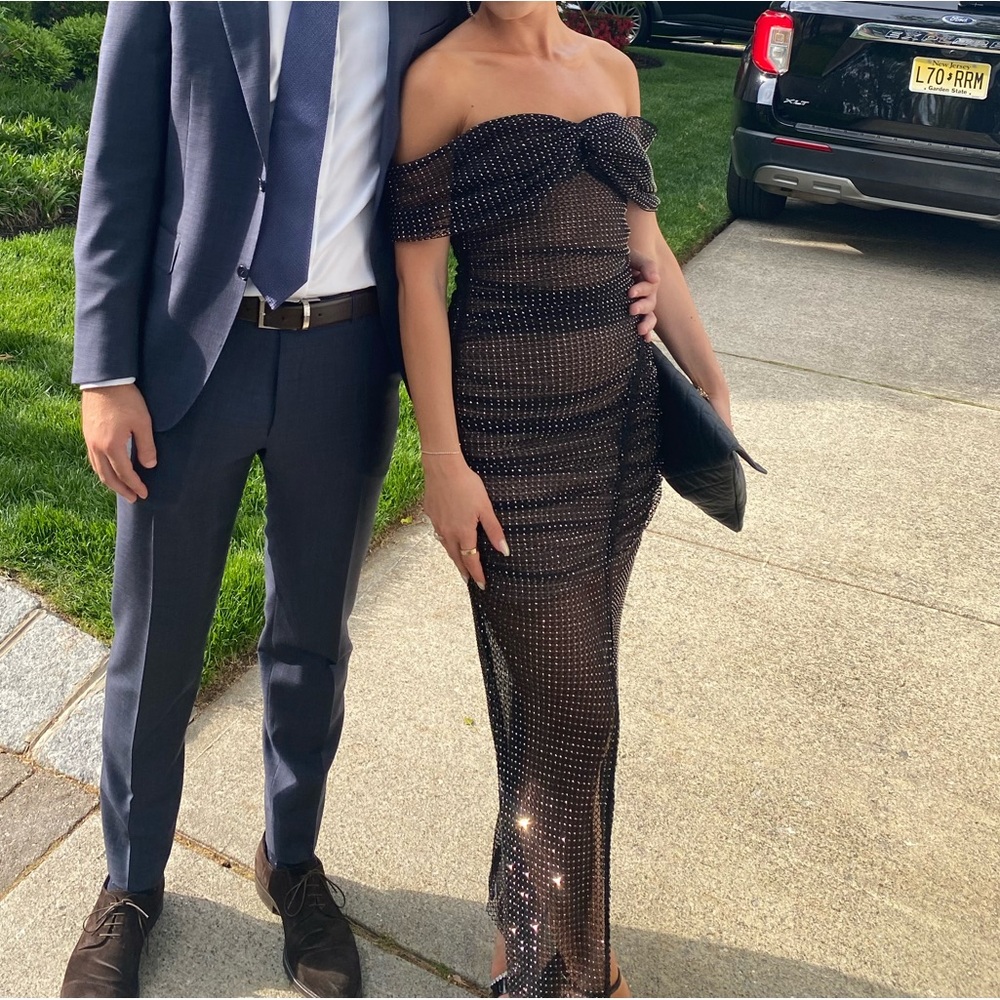 Self Portrait Diamanté Fishnet Off Shoulder Midi Dress
